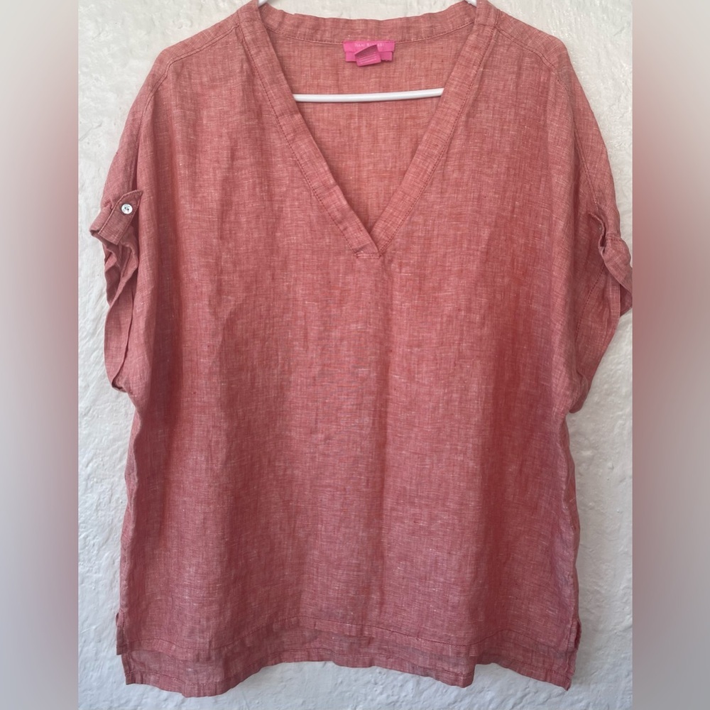 Isaac Mizrahi coral lightweight 100% linen pullover cap sleeved vneck top; XL